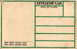 Ungarische Werkstätte, kiránduló hölgy; Diana sósborszesz / Hungarian art postcard, hiking lady. Adv...