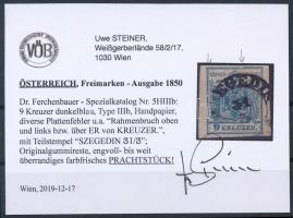 9kr HP IIIb dark blue stamp with plate flaws  "(SZ)EGEDIN" Certificate: Steiner 9kr HP III...