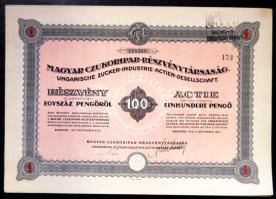1941. "Magyar Cukoripari RT." részvénye 100P-ről, szelvényekkel