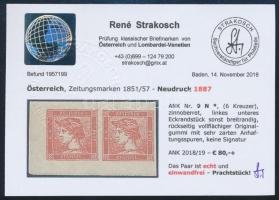 Newspaper stamp Reprint 1887, corner pair with original gum. Certificate: Strakosch Hírlapbélyeg 6kr...