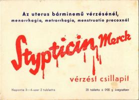 Stypticin Merck vérzést csillapít. Az uterus bárminemű vérzésénél. Wirth Károly E. Merck Darmstadt reklámlapja, hátoldalon Dionin köhögés és nátha elleni gyógyszerrel / styptic medicine advertisement