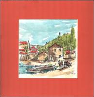 Jelzés nélkül: Mediterrán tengerpart. Akvarell, tus, papír, paszpartuban. 18x18 cm