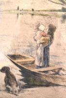 Szőnyi István (1894-1960): Várakozás, színezett rézkarc, papír, jelzett, üvegezett fa keretben, 23×3...