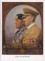 Zwei Volksführer. Adolf Hitler, Benito Mussolini. NSDAP German Nazi Party propaganda, swastika + 1941 WIEN So. Stpl.