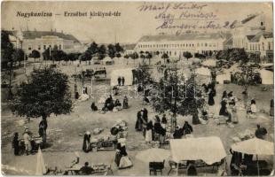 1915 Nagykanizsa, Erzsébet királyné tér, piac, Edison színház (mozi). Hirschler tőzsde kiadása (Rb)