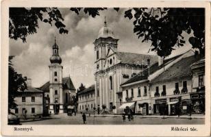 Rozsnyó, Roznava; Rákóczi tér, Schnitzer üzlete, Hangya Szövetkezet, Tatra Bank, templom / square, shops, bank, church, cooperative shop