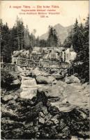 Tátra, Magas-Tátra, Vysoké Tatry; Nagytarpatak középső vízesése, fahíd. Divald Károly műintézete 1893-1908. / Gross Kolbach Mittlerer Wasserfall / Velká Studená dolina / waterfall, wooden bridge