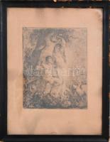 Prihoda István (1891-1965): Ádám és Éva. Rézkarc, papír. Jelzett, üvegezett, kopott fa keretben. Lap alja foltos. 23,5x19 cm