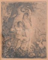 Prihoda István (1891-1965): Ádám és Éva. Rézkarc, papír. Jelzett, üvegezett, kopott fa keretben. Lap...