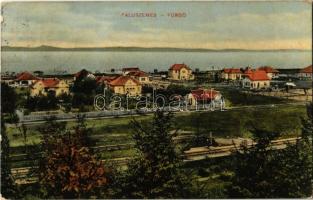 1912 Balatonszemes, Faluszemes-fürdő; Balaton parti nyaralók, vasúti sín