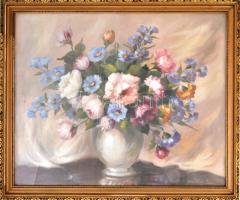 Sz. Fliegl Éva (?-): Virágcsendélet. Olaj, vászon, üvegezett fa keretben, 39,5×49,5 cm