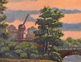 Jelzés nélkül: Folyóparti alkonyat szélmalommal. Olaj, vászon, 55×69 cm