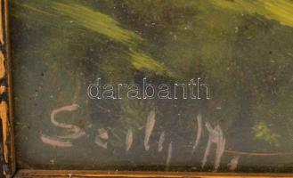 Szily M. jelzéssel: Nyári liget. Olaj, karton, üvegezett, sérült fa keretben, 22×30 cm