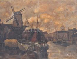 Jelzés nélkül: Kikötő szélmalommal (kétoldals, hátoldalán templom). Olaj, karton, sérült, hullámos (...