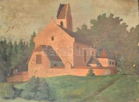 Jelzés nélkül: Kikötő szélmalommal (kétoldals, hátoldalán templom). Olaj, karton, sérült, hullámos (...