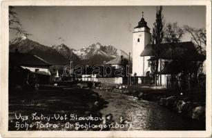 1937 Nagyszalók, Grossschlagendorf, Velky Slavkov (Magas-Tátra, Vysoké Tatry); templom, híd, folyó / church, bridge, river. photo