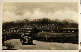 Tátra, Magas-Tátra, Vysoké Tatry; Vyhlad na Tatry z Popradu / Poprád és a Tátra, automobil az úton / High Tatras, automobile, road (ragasztónyom / glue marks)