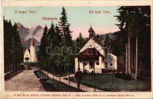 1910 Tátralomnic, Tatranská Lomnica (Magas-Tátra, Vysoké Tatry);  Katolikus és evangélikus templom a Lomnici csúccsal. Kuszmann Gyula kiadása / churches, Lomnicky stít