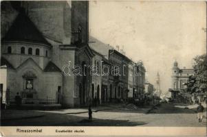1911 Rimaszombat, Rimavská Sobota; Erzsébet tér, templom, Stech Kálmán üzlete / square, church, shop