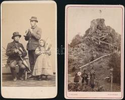 cca 1880-1890 Marienbad/Mariánské Lázně, zenészek portréfotója, és ugyanazon zenészek fotója túrázás közben, 2 db keményhátú fotó, Marienbad, Ernst Pflanz, 10x6 cm