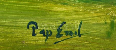 Pap jelzéssel: Virágzó kert. Olaj, farost, 68×82 cm