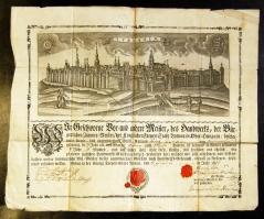 1816 Nagyszombat szabad királyi város által kiállított dekoratív kézműves mesterlevél / Cerification for craftsmen issued by the city of Tyrnavia 50x38 cm