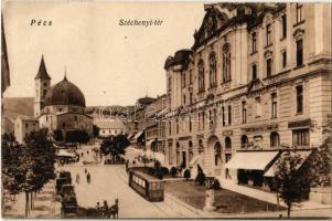 1924 Pécs, Széchenyi tér, villamos, drogéria, üzletek, templom (EK)