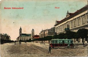1907 Békéscsaba, Fő tér, motor, városi vasút, kisvasút, Evangélikus templom, Népbank. Corvina könyvkereskedés kiadása (EK)