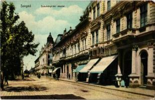 1914 Szeged, Széchenyi tér, Lányi János cukrászdája, Weber Mátyás üzlete, drogéria, gyógyszertár, villamos (EM)