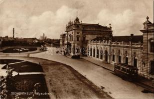 1932 Szombathely, Pályaudvar, vasútállomás, villamos, automobil (b)