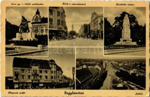 1942 Nagykanizsa, 48-as gyalogezred hősök emlékműve, Fő út, városháza, Grünfeld üzlete, kávéház, automobil, irredenta szobor, Központi szálloda, látkép (gyűrődés / crease)