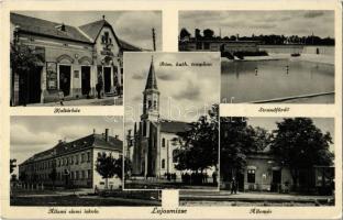 1935 Lajosmizse, Kultúrház, Római katolikus templom, strandfürdő, fürdőzők, Állami elemi iskola, Vasútállomás