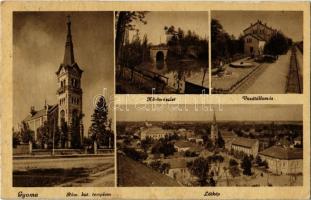 1943 Gyoma, Római katolikus templom, Körös részlet, Vasútállomás, látkép (EK)