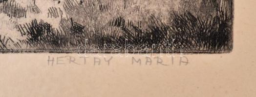 Hertay Mária (1932-2018): Tiszapart. Rézkarc, karton, jelzett, 29,5×39 cm