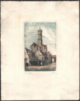 Olvashatatlan jelzéssel: Augsburg Ulrichskirche. Színes rézkarc, papír, 15×10 cm