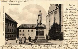 1901 Nagyszeben, Hermannstadt, Sibiu; Tér és Teutsch püspök szobra. Karl Graef  / Huetplatz mit Teutsch Denkmal / square, statue (kis szakadás / small tear)