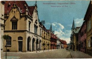 Nagyszeben, Hermannstadt, Sibiu; Hentes utca, posta / Fleischergasse mit Post / street, post office (EK)