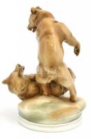 Zsolnay birkózó medvék, részben kézzel festett, jelzett (Markup Béla), hibátlan, m: 31 cm