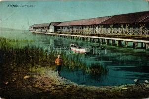 1914 Siófok, partrészlet, fürdőház, csónak (EB)