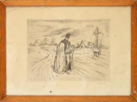 Olvashatatlan jelzéssel: Juhász  Rézkarc, papír. Jelzett. Üvegezett keretben. Foltos. 16,5x22,5 cm