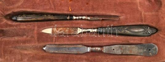 XX. sz eleje: manikűr készlet. Ezüstözött alpakka, hiányos, díszdobozban