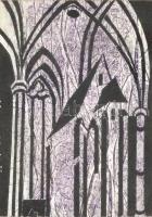 Olvashatatlan jelzéssel: Gótikus templombelső. Monotípia, papír. Üvegezett, sérült keretben, 21×15 cm