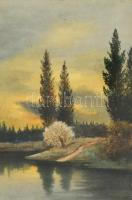 A. Berla jelzéssel: Vízparti naplemente. Akvarell, papír. kartonra kasírozva. Üvegezett, sérült fa keretben, 28,5×19 cm