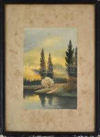 A. Berla jelzéssel: Vízparti naplemente. Akvarell, papír. kartonra kasírozva. Üvegezett, sérült fa k...