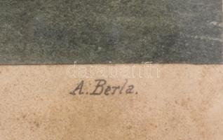 A. Berla jelzéssel: Vízparti naplemente. Akvarell, papír. kartonra kasírozva. Üvegezett, sérült fa k...