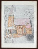 97 LK jelzéssel: Táj házzal. Kréta, papír. Üvegezett, enyhén sérült fa keretben, 39,5×32 cm