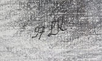 97 LK jelzéssel: Táj házzal. Kréta, papír. Üvegezett, enyhén sérült fa keretben, 39,5×32 cm