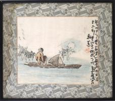 Távol-keleti selyemkép, paszpartu bal oldala foltos, üvegezett fa keretben, 33×39 cm