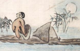 Távol-keleti selyemkép, paszpartu bal oldala foltos, üvegezett fa keretben, 33×39 cm