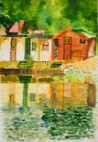 Frank jelzéssel: Vízparti házak. Akvarell, papír, 49,5x34,5 cm